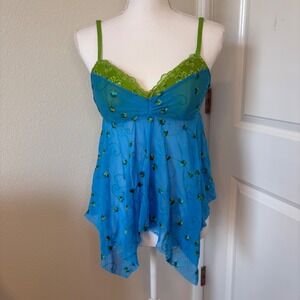 Y2K Victorias Secret Blue Green Floral Embroidered Mesh Babydoll Lingerie Top L